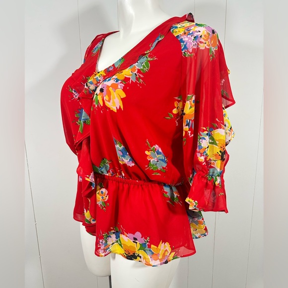 Lauren Ralph Lauren Peplum Top Black Label size XL tropical red floral vneck - Picture 5 of 11